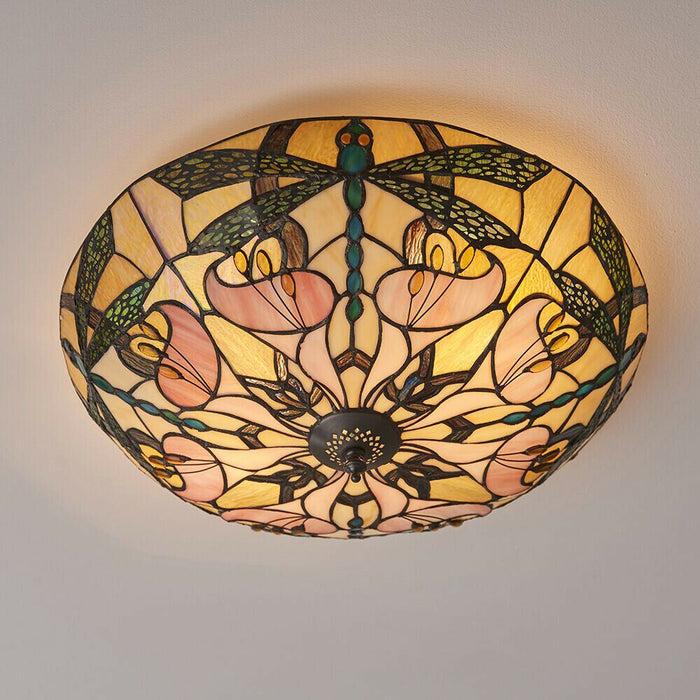 Tiffany Glass Semi Flush Ceiling Light Dragonfly Round Inverted Shade i00032 Loops