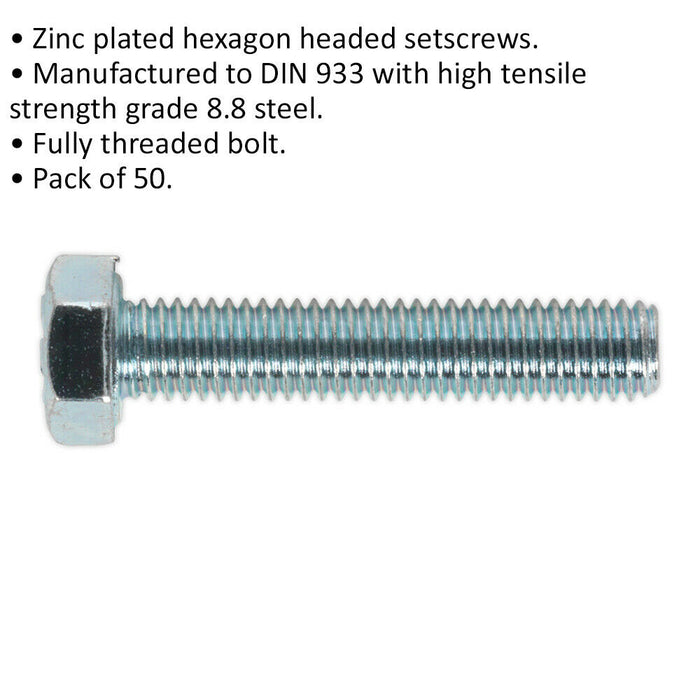 50 PACK HT Setscrew - M5 x 25mm - Grade 8.8 Zinc - Fully Threaded - DIN 933 Loops