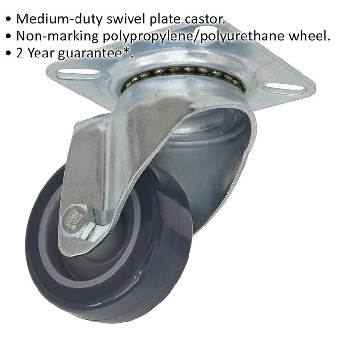 50mm Swivel Plate Castor Wheel - 19mm Tread - Hard PP & PU Material - Offset Loops
