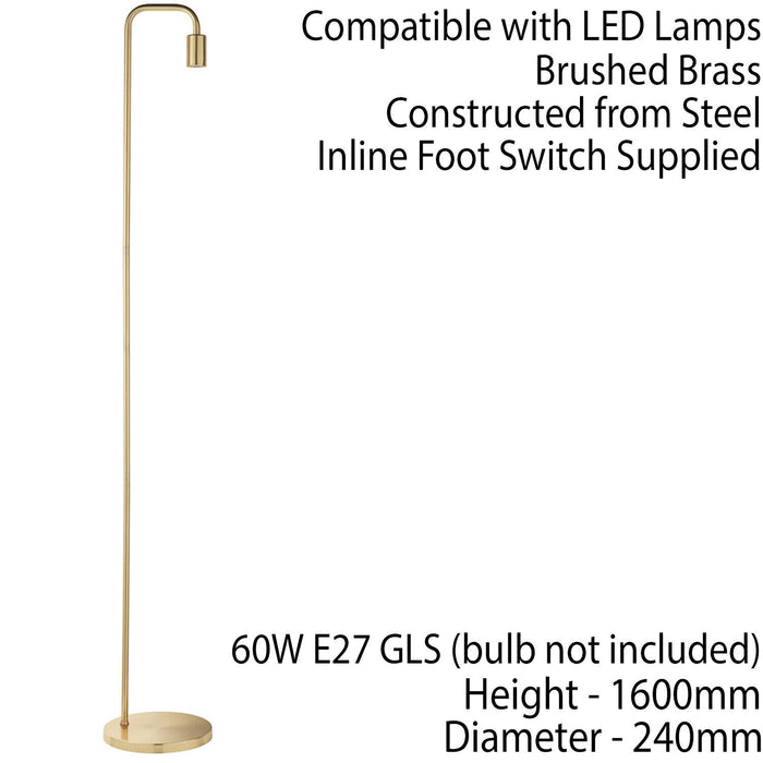 Down light Floor Lamp Brushed Brass Free Standing Metal Curved Over Head Reading Loops