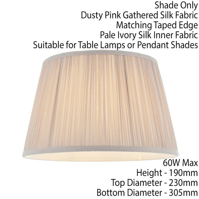 12" Elegant Round Tapered Drum Lamp Shade Dusky Pink Gathered Pleated Silk Cover Loops