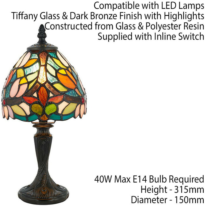 Tiffany Glass Table Lamp Light Vintage Dark Bronze & Multi Colour Shade i00230 Loops