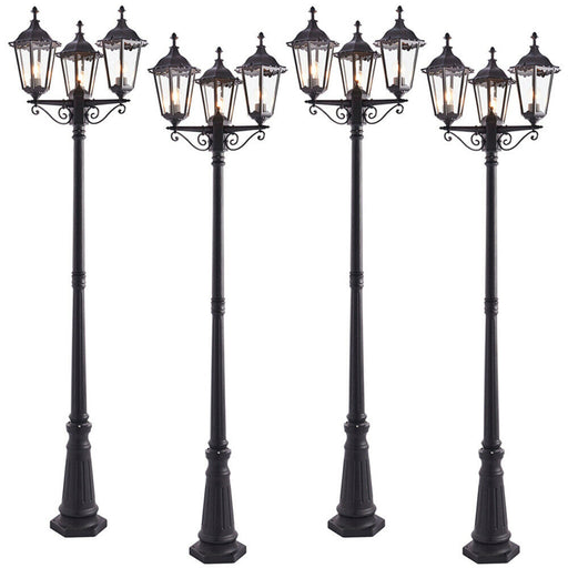 4 PACK Outdoor Lantern Lamp Post Matt Black & Glass 2.3m Tall 3 Light Bollard Loops