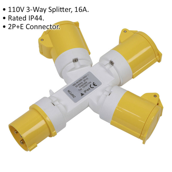 110V 3-way 16A Splitter - IP44 Rated Connector - 3 x 2P+E 16A Sockets Loops
