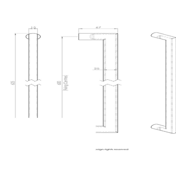 2x Flat D Bar Door Pull Handle 625 x 15mm 600mm Fixing Centres Satin Steel Loops