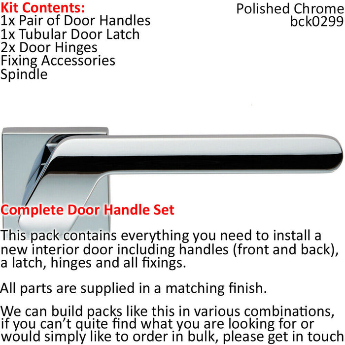 Door Handle & Latch Pack Chrome Modern Angled Slim Bar Screwless Square Rose Loops