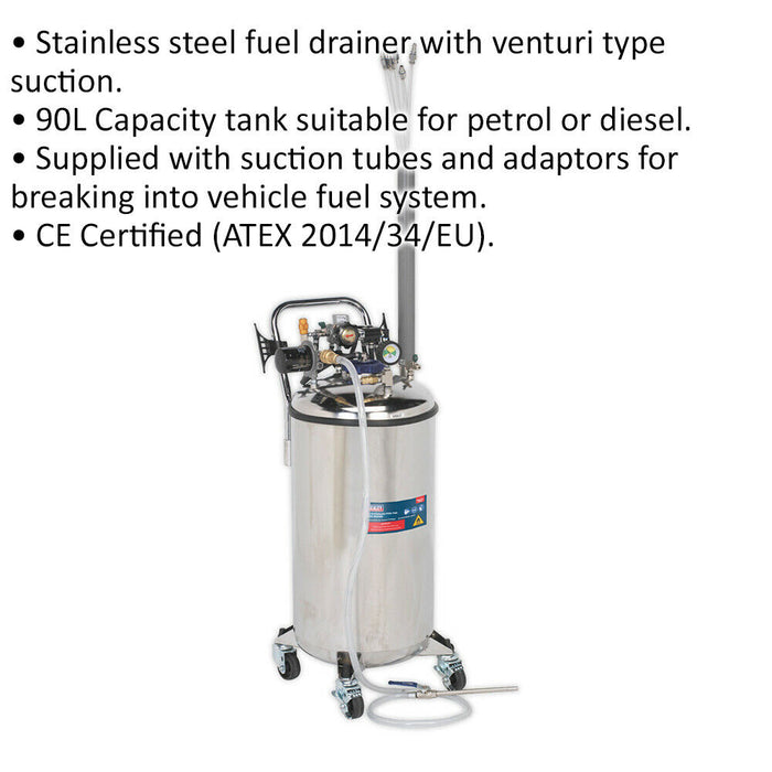 90L Air Operated Fuel Drainer Tank - Venturi Type Suction - Stainless Steel Loops