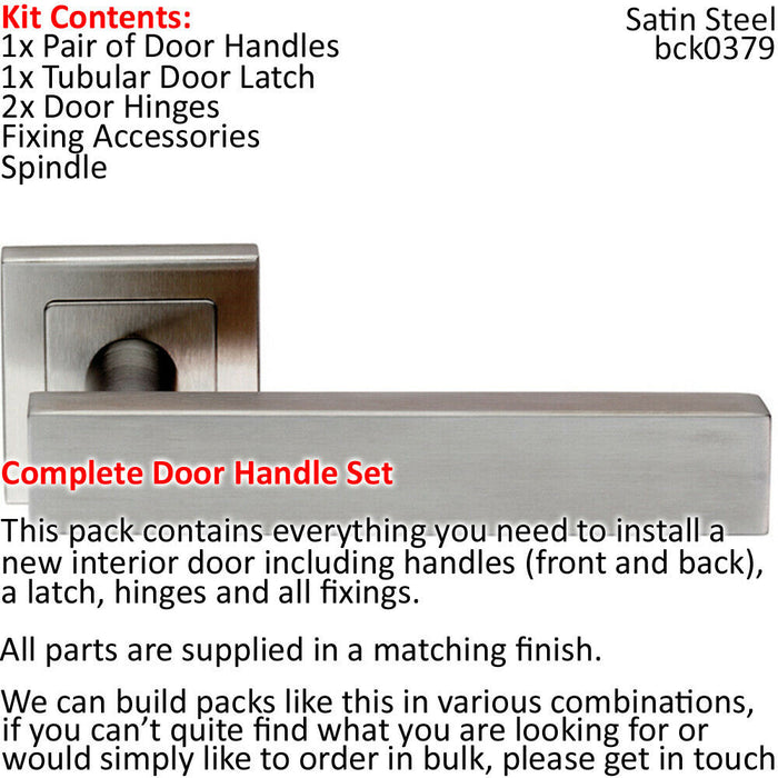 Door Handle & Latch Pack Satin Steel Modern Flat Lever Screwless Square Rose Loops