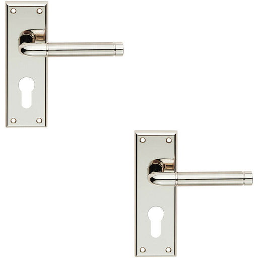 2x PAIR Round Bar Lever on Euro Lock Backplate 150 x 50mm Polished Satin Nickel Loops
