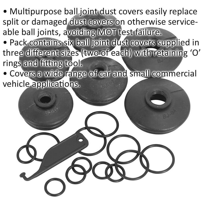 6 PACK Car Ball Joint Dust Covers - Assorted Sizes - Fitting Tool & O-Rings Loops