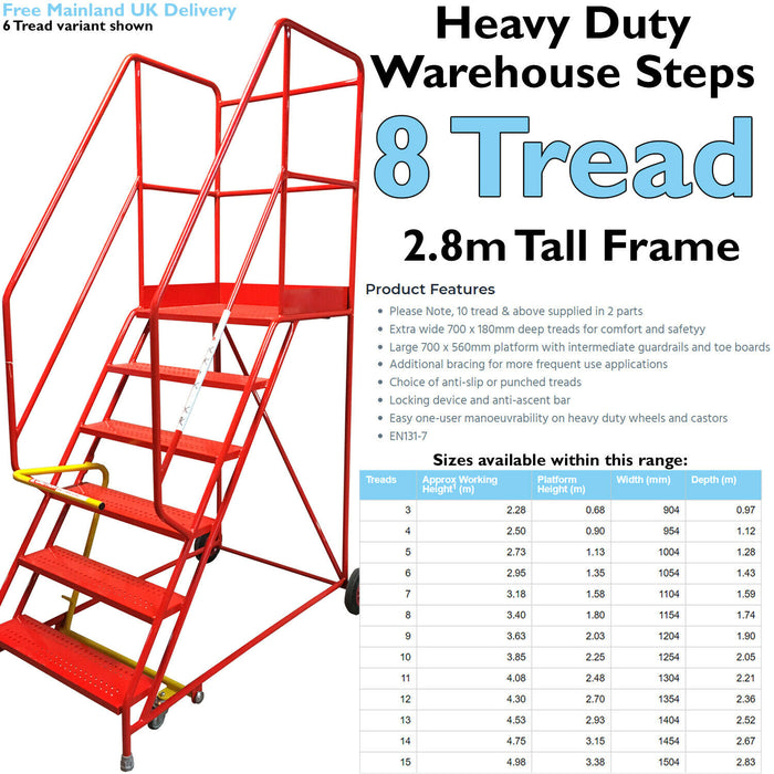 8 Tread HEAVY DUTY Mobile Warehouse Stairs Punched Steps 2.8m Safety Ladder Loops