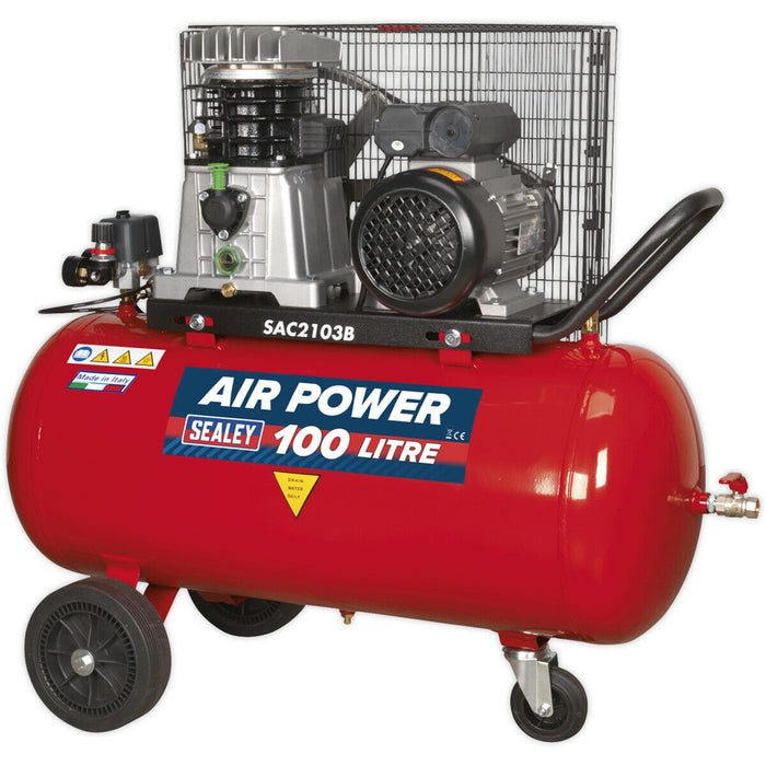 100 Litre Mobile Belt Drive Air Compressor - 3hp Motor - Cast Cylinders - Wheels Loops