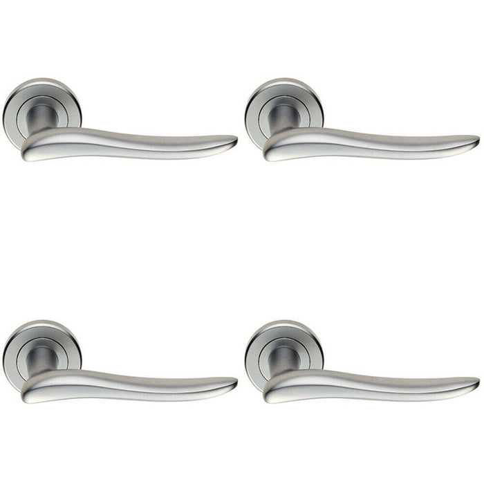 4x PAIR Curved Wave Design Handle on Round Rose Concealed Fix Satin Chrome Loops