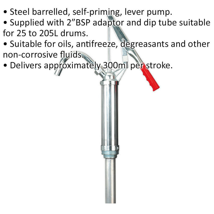 Self-Priming Lever Pump - Steel Barrelled - 2" BSP Adaptor - 300ml Per Stroke Loops