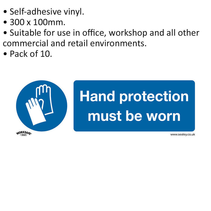 10x HAND PROTECTION MUST BE WORN Safety Sign - Self Adhesive 300 x 100mm Sticker Loops