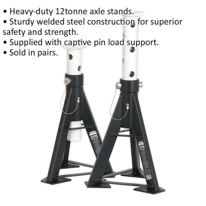 PAIR 12 Tonne Axle Stands - Heavy Duty Steel Frame - 487mm to 752mm Height Loops
