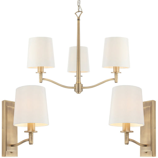 3 Bulb Ceiling Pendant Lamp & 2x Matching Wall Light Matt Antique Brass & Shade Loops