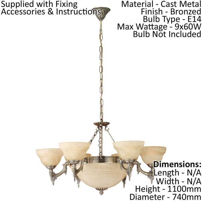 Pendant Light Colour Bronzed Shade Champagne Glass Alabaster Bulb E14 9x60W Loops