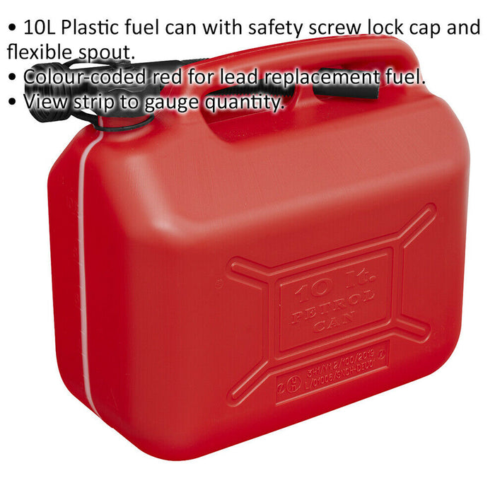 10 Litre Plastic Fuel Can -  Safety Screw Lock Cap - Flexible Spout - Red Loops