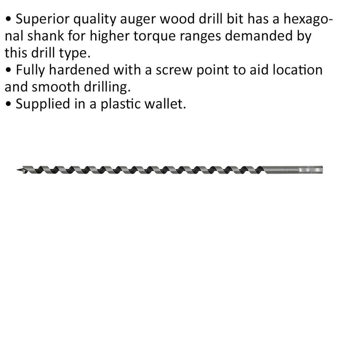 12 x 460mm Hardened Auger Wood Drill Bit - Hexagonal Shank - Woodwork Timber Loops