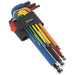 9 Piece Colour Coded Long Ball-End Hex Key Set - 1.5mm to 10mm Sizes - Anti-Slip Loops