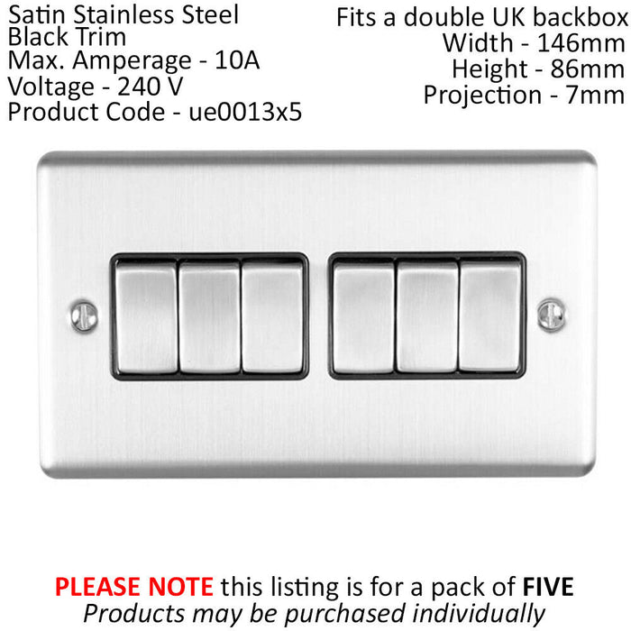 5 PACK 6 Gang Metal Multi Light Switch SATIN STEEL 2 Way 10A Black Trim Loops