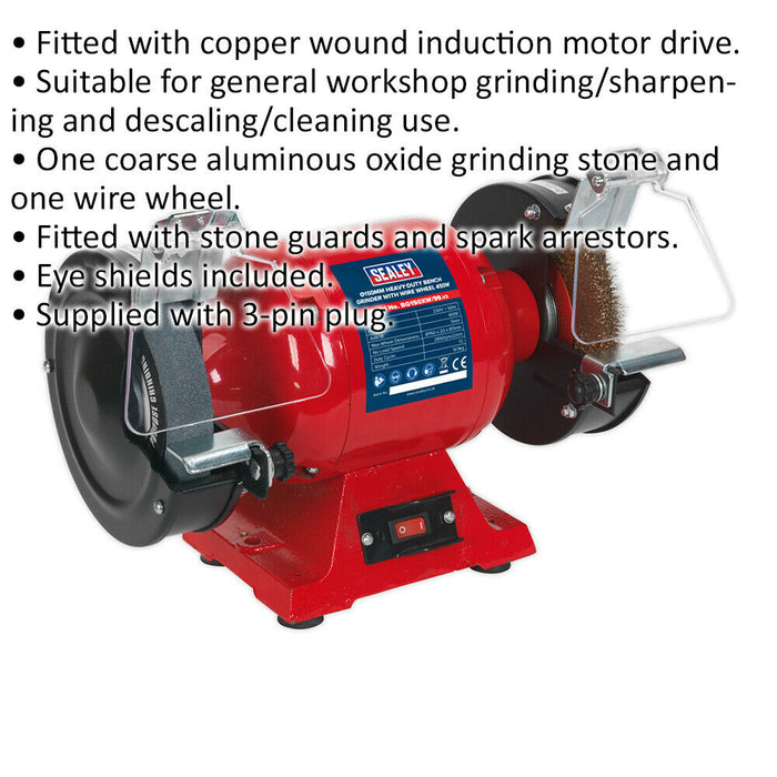 150mm Heavy Duty Bench Grinder with Wire Wheel 450W Copper Wound Induction Motor Loops