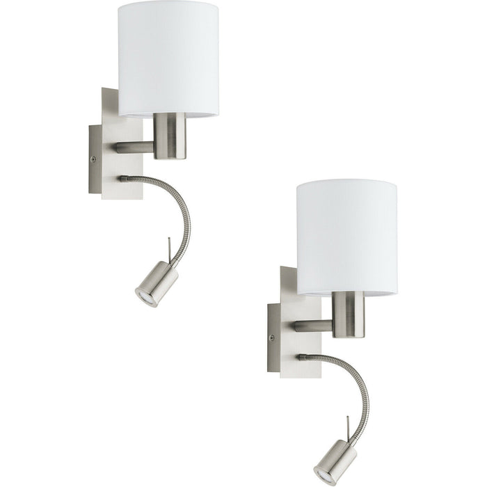 2 PACK Wall Light Colour Satin Nickel Shade White Fabric E27 LED 1x40W 1x3.5W Loops