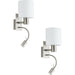 2 PACK Wall Light Colour Satin Nickel Shade White Fabric E27 LED 1x40W 1x3.5W Loops