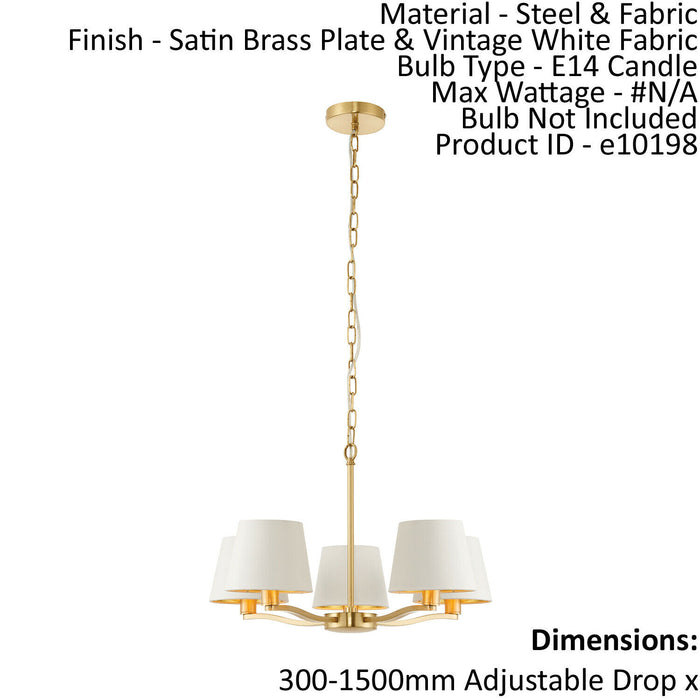 Ceiling Pendant Light Satin Brass Plate & Vintage White Fabric 5 x 40W E14 Loops