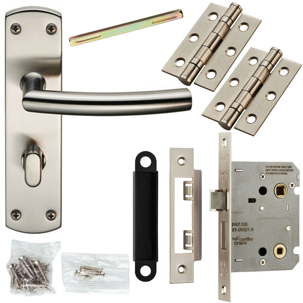 Door Handle & Bathroom Lock Pack Satin Steel Curved & Mitred Bar Backplate Loops
