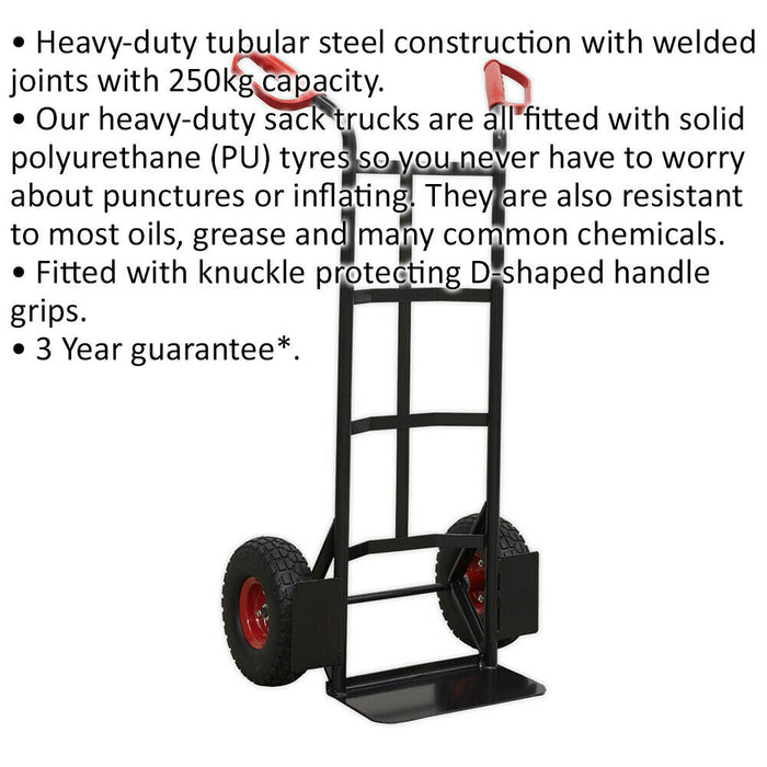 250kg Heavy Duty Sack Truck & 250mm SOLID PU Tyres - Deep Foot For Larger Boxes Loops