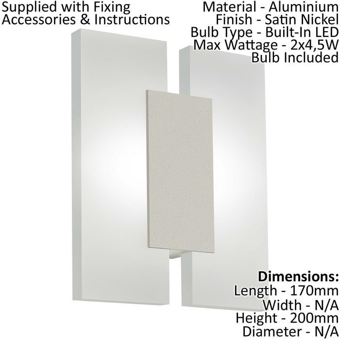2 PACK Wall Light Colour Satin Nickel Shade Satined Plastic LED 2x4.5W Included Loops
