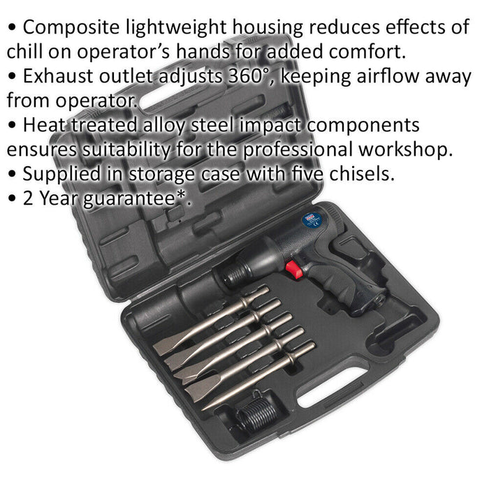 Composite Air Hammer Kit - Medium Stroke - 5 Steel Chisels - Storage Case Loops