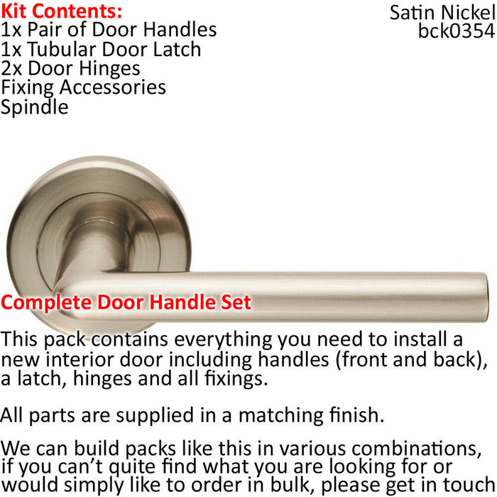 Door Handle & Latch Pack Satin Nickel Slim Straight Lever Screwless Round Rose Loops