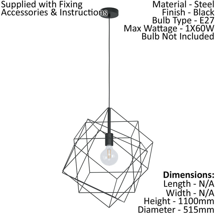 Hanging Ceiling Pendant Light Black Steel Cube Frame 1x E27 Geometric Lamp Loops