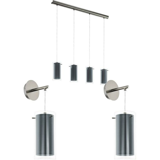 Quad Ceiling & 2x Matching Wall Lights Dark Nickel & Glass Shade Linear Bar Loops
