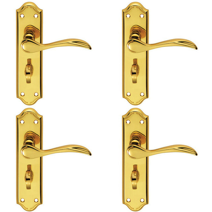 4x PAIR Curved Door Handle Lever on Bathroom Backplate 180 x 45mm Polished Brass Loops