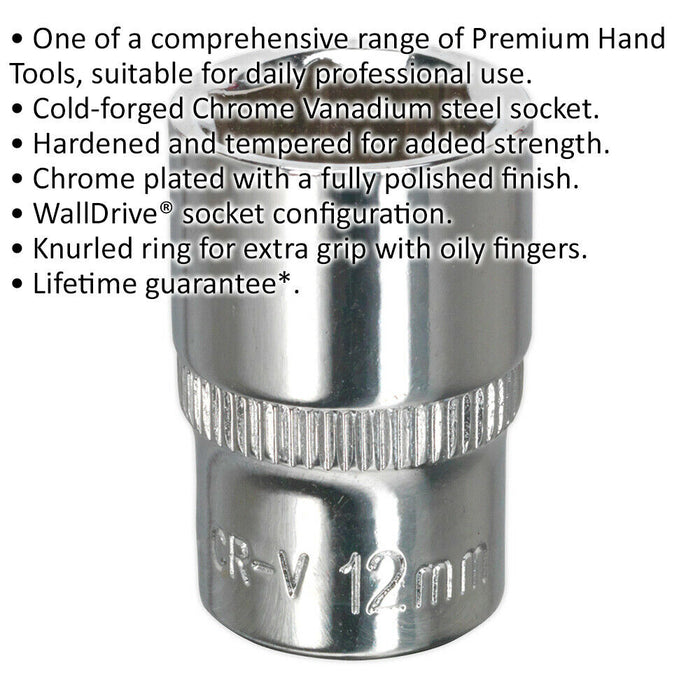 12mm Forged Steel Drive Socket - 1/4" Square Drive - Polished Chrome Vanadium Loops