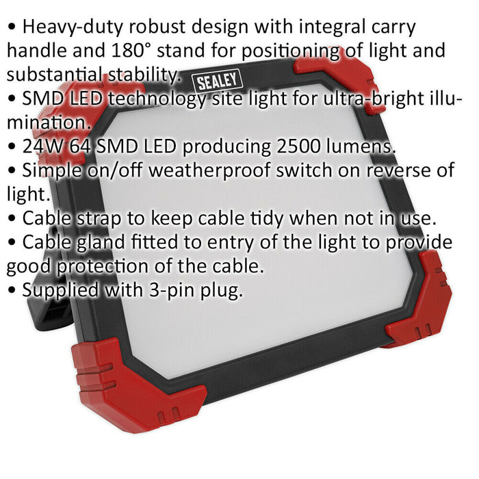 Heavy Duty Site Light - 24W SMD LED - Carry Handle & Folding Stand - 230V Supply Loops