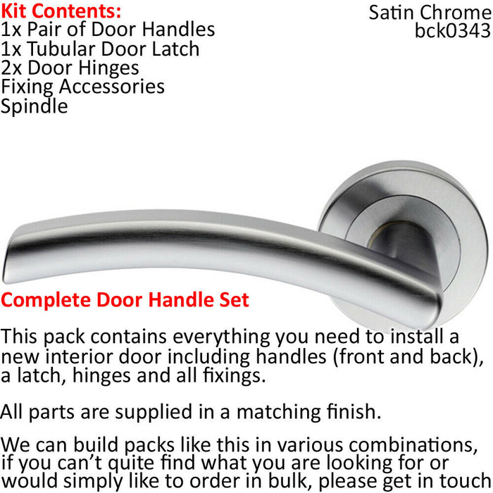 Door Handle & Latch Pack Satin Chrome Curved Arched Lever Screwless Round Rose Loops