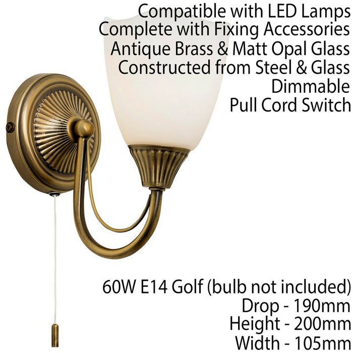 Dimmable LED Wall Light Pattern Antique Brass & Opal Glass Shade Curved Arm Lamp Loops