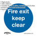1x FIRE EXIT KEEP CLEAR Health & Safety Sign - Rigid Plastic 200 x 200mm Warning Loops