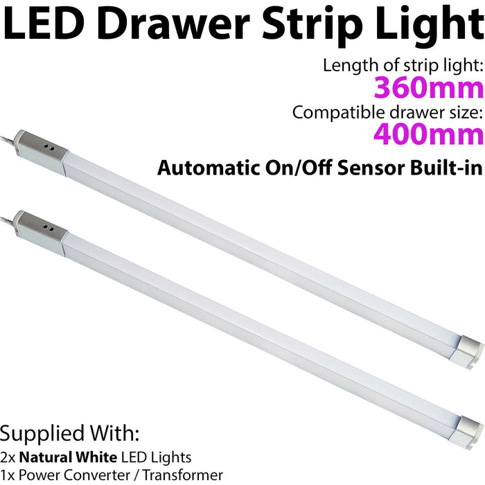 2x 400mm LED Drawer Strip Light AUTO ON/OFF PIR SENSOR Kitchen Cupboard Door Loops