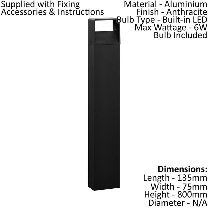 IP44 Outdoor Bollard Light Anthracite Aluminium 6W Built in LED Tall Lamp Post Loops