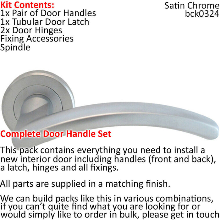 Door Handle & Latch Pack Satin Chrome Modern Arched Bar Screwless Round Rose Loops
