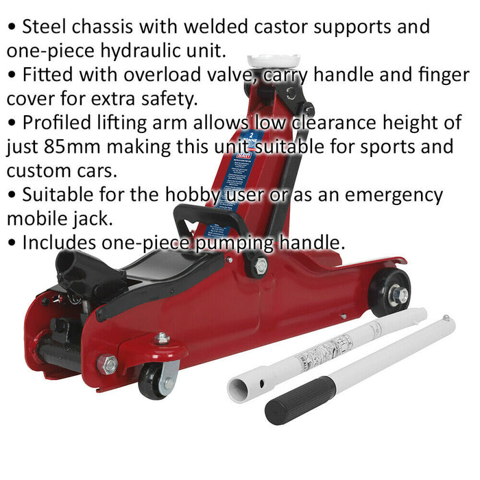 Short Chassis Trolley Jack - 2 Tonne Limit - 330mm Max Height - Low Entry Loops