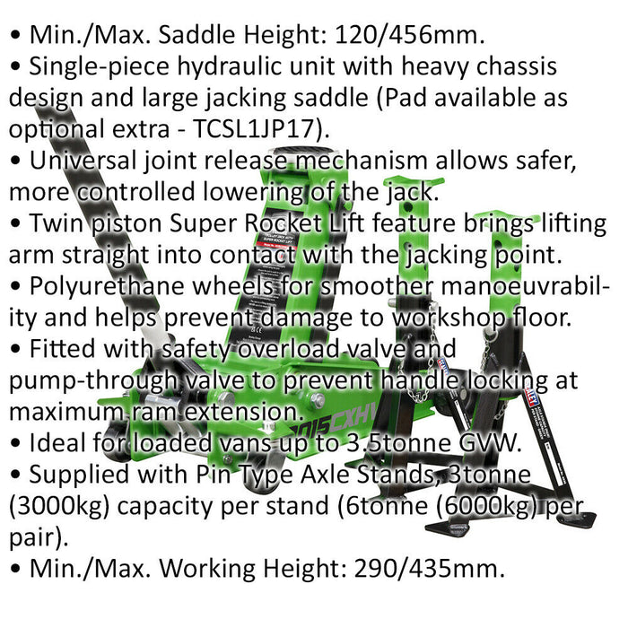 Twin Piston Hydraulic Trolley Jack & 2 Axle Stand Kit - Safety Overload - Green Loops