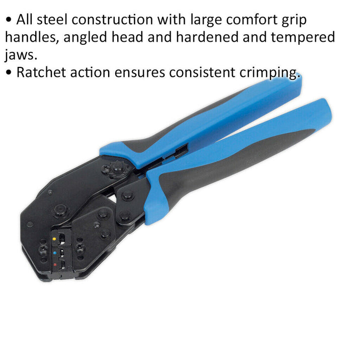 Angled Head Ratchet Crimping Tool - Insulated Terminals - Comfort Grip Handles Loops