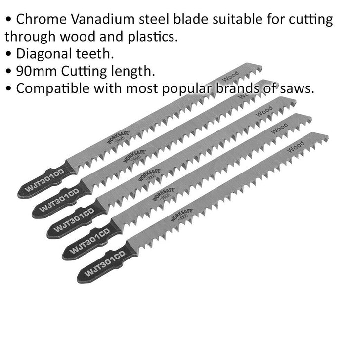 5 PACK 90mm Chrome Vanadium Steel Jigsaw Blade - 8 TPI - Diagonal Teeth - Wood Loops